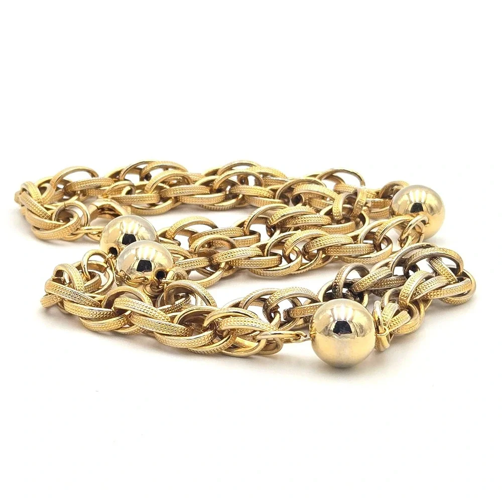 Vintage‎ Gold Tone Necklace Textured Double Link Chain with 14mm Polished Beads
